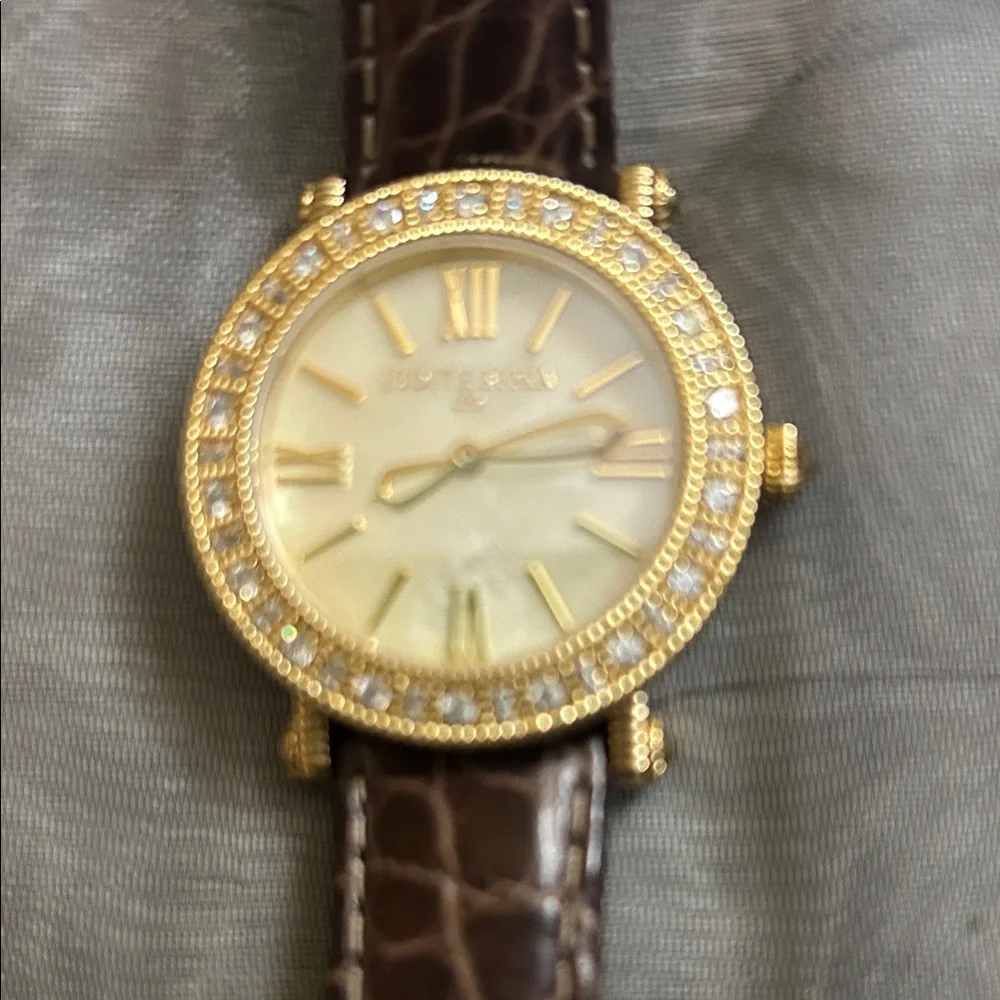 Judith Ripka Gold Crystal Bezel Watch with Brown Strap needs battery